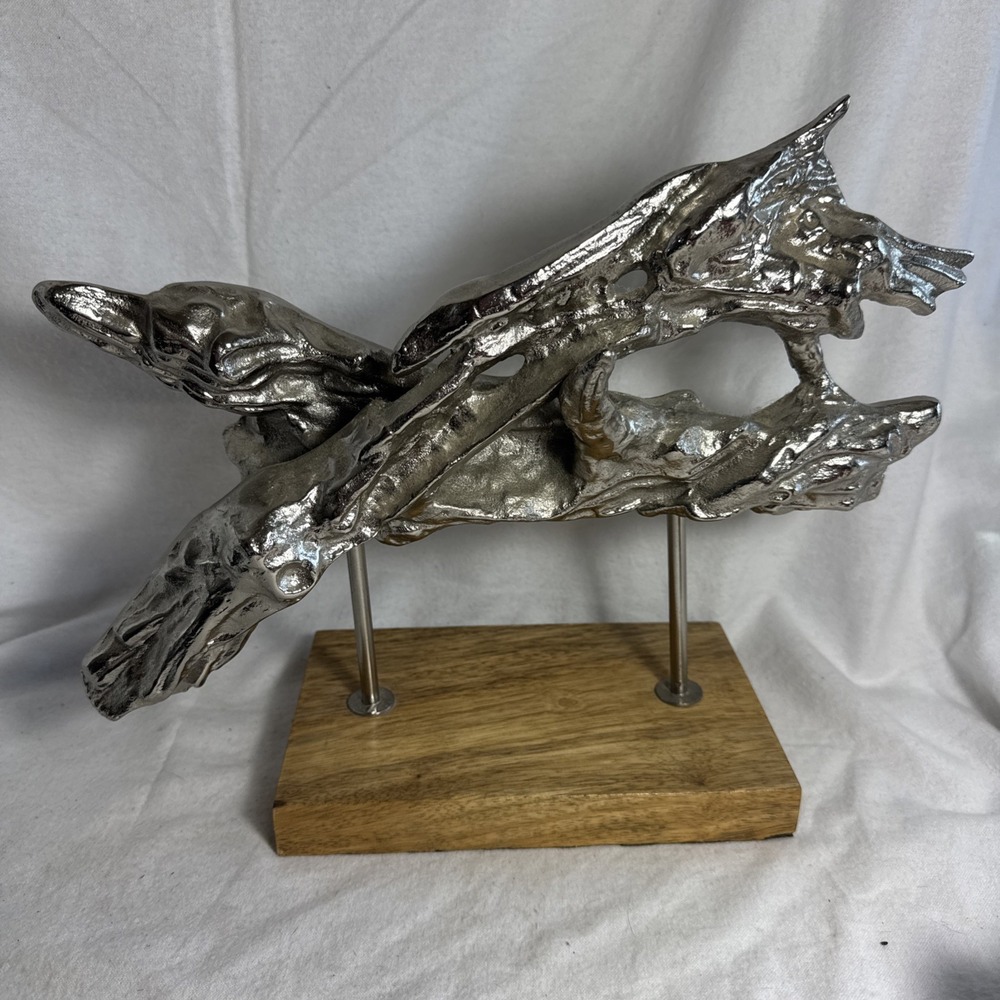 Silver Tone Driftwood‎ Art Sculpture Cast Iron on Wood Grain Base 11"x 13.5"